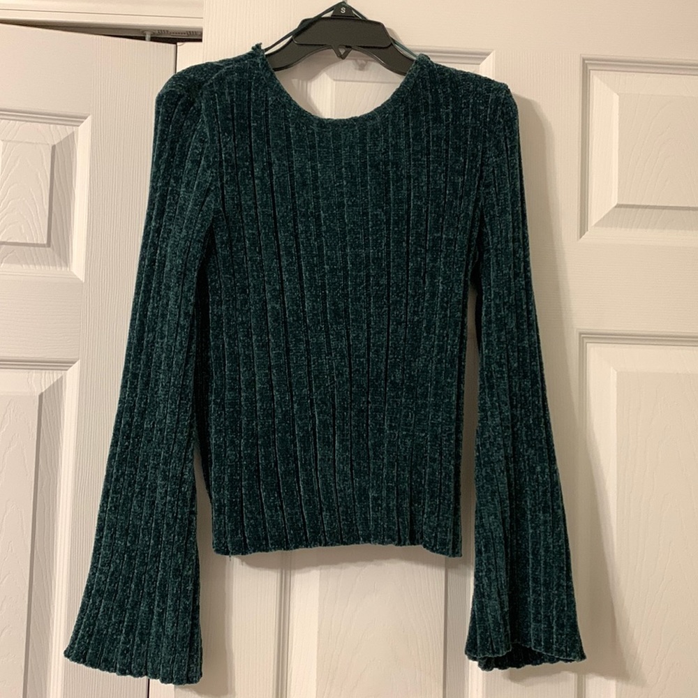bell sleeve green sweater with knot back